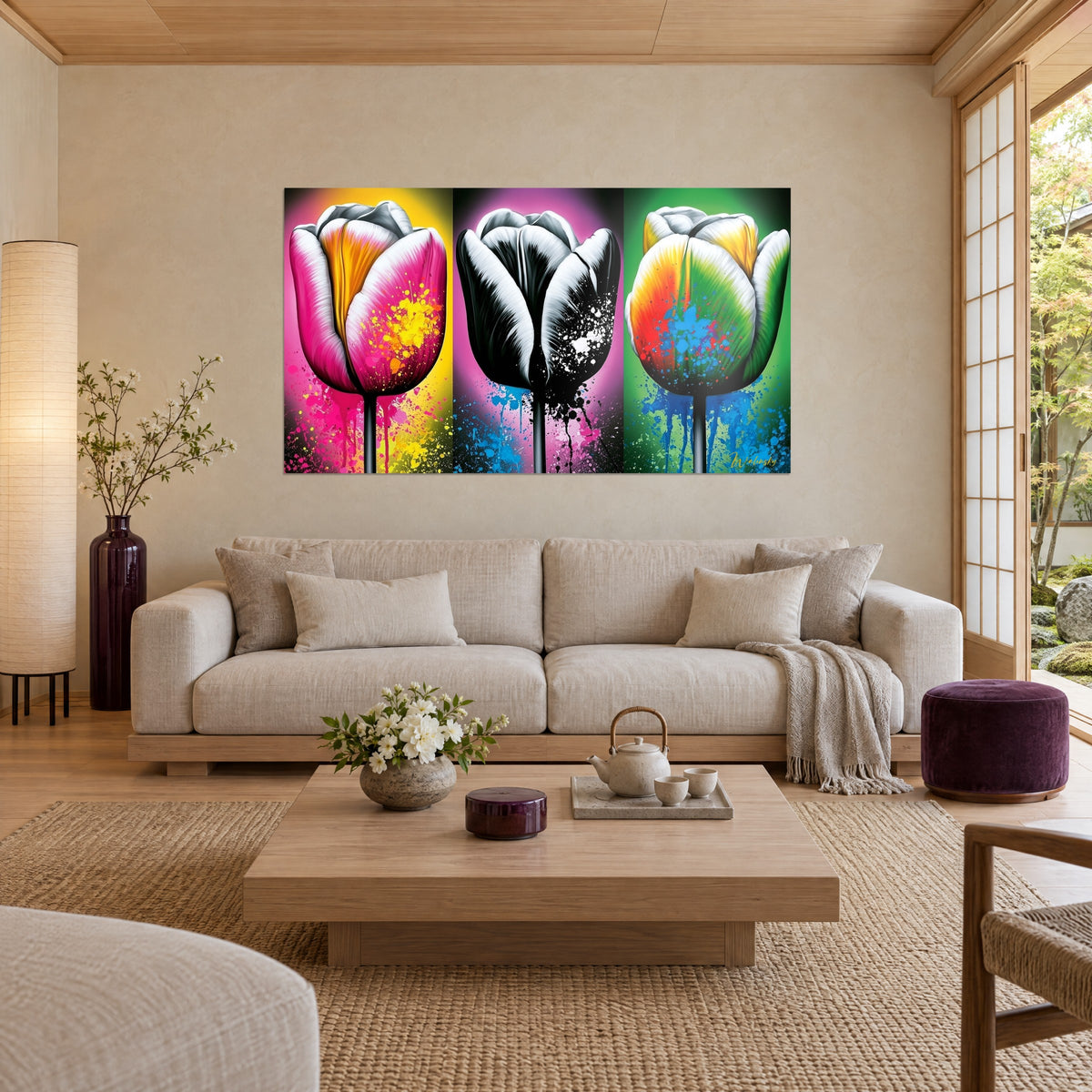 Tableau tulipes triptyque rose, noir et vert, éclaboussures jaunes et bleues, au-dessus d'un canapé dans un salon lumineux