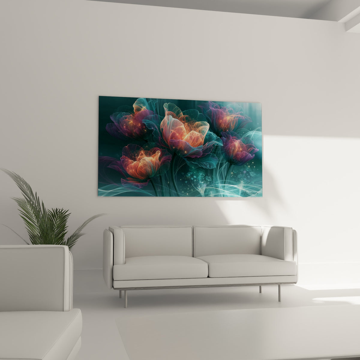 Pétales lumineux orange et bleu profond aux fines nervures dorées, au-dessus d'un canapé dans un salon lumineux