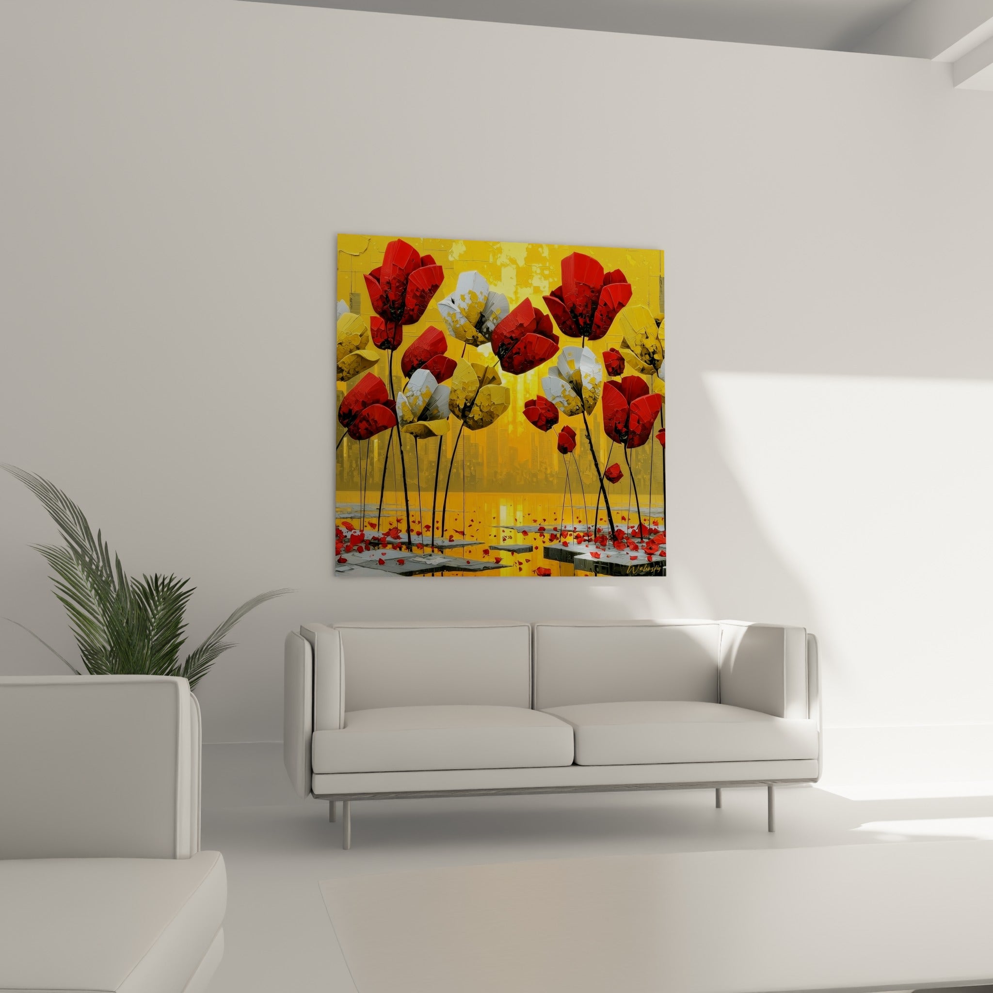 Fleurs dorées et écarlates aux reliefs marqués ornent un mur au-dessus d'un canapé dans un salon lumineux