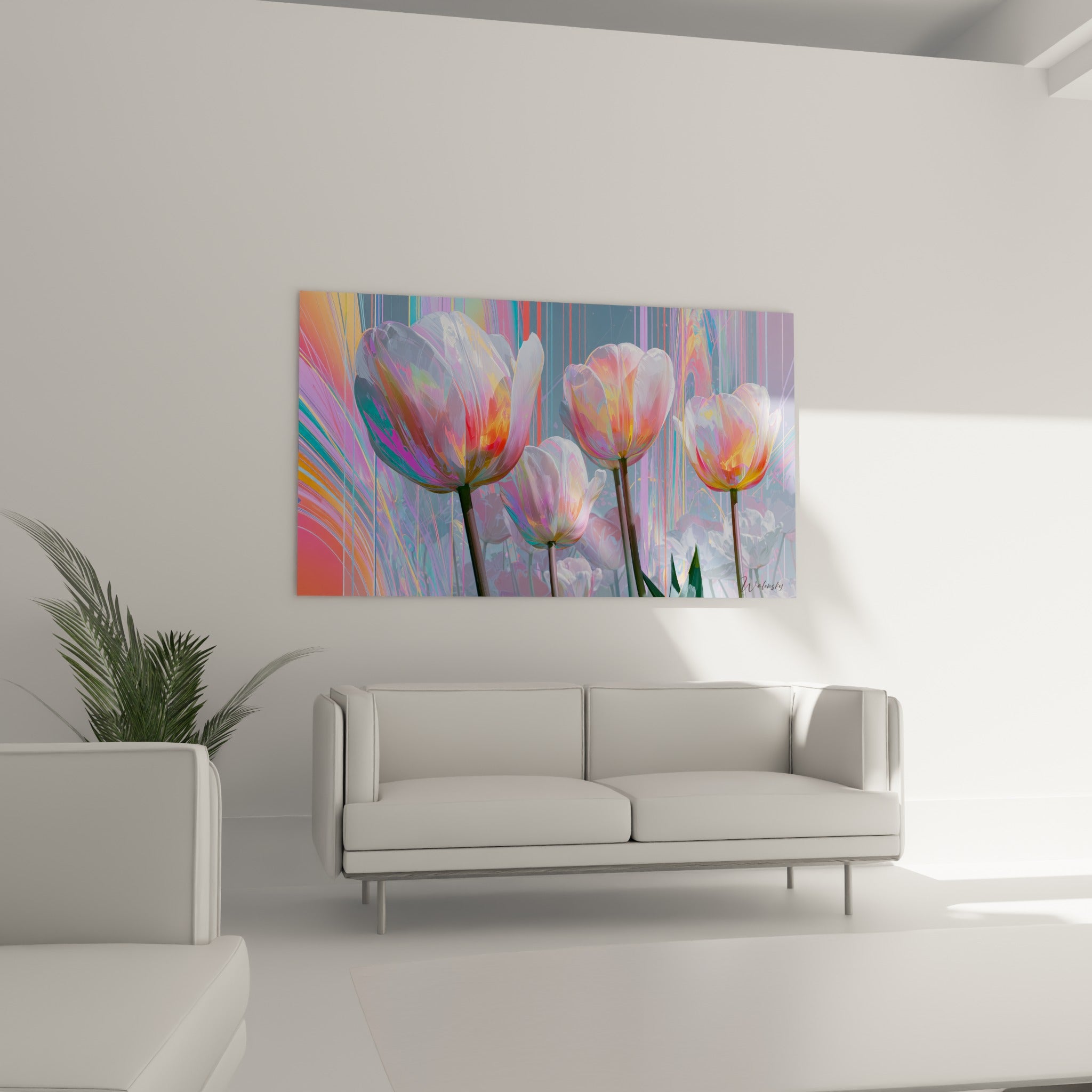 Fleurs élancées turquoise et corail de la composition Tulipe au-dessus d'un canapé dans un salon lumineux