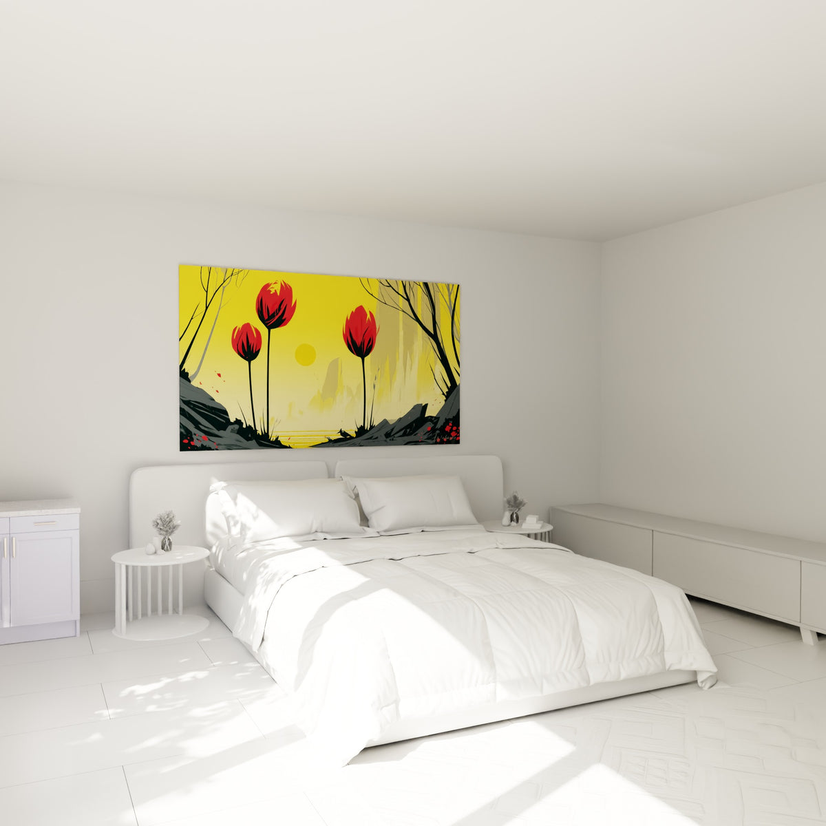 Tulipes rouges et fond jaune solaire accrochées au-dessus d'un lit dans une chambre claire