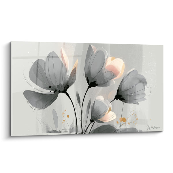 Tableau Tulipes grises et pêche translucides éclaboussures dorées - Tiges noires filiformes - Edition Tulipe