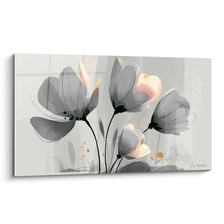 Tableau Tulipes grises et pêche translucides éclaboussures dorées - Tiges noires filiformes - Edition Tulipe