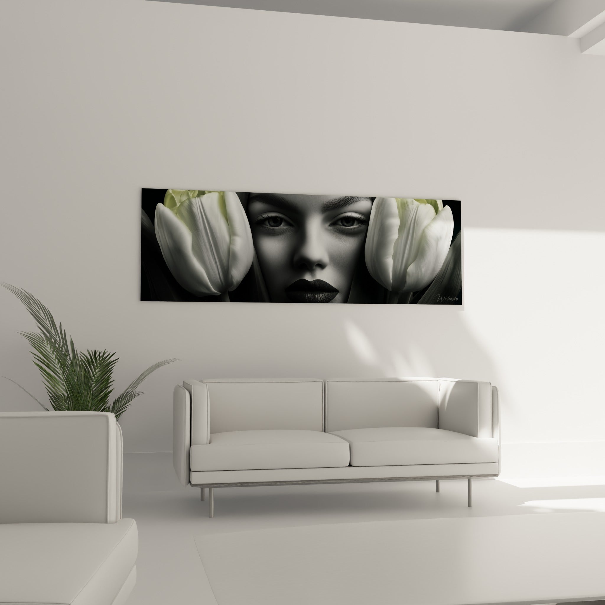 Tulipes ivoire encadrant un regard intense en noir et profond, œuvre Tulipe au-dessus d'un canapé dans un salon lumineux