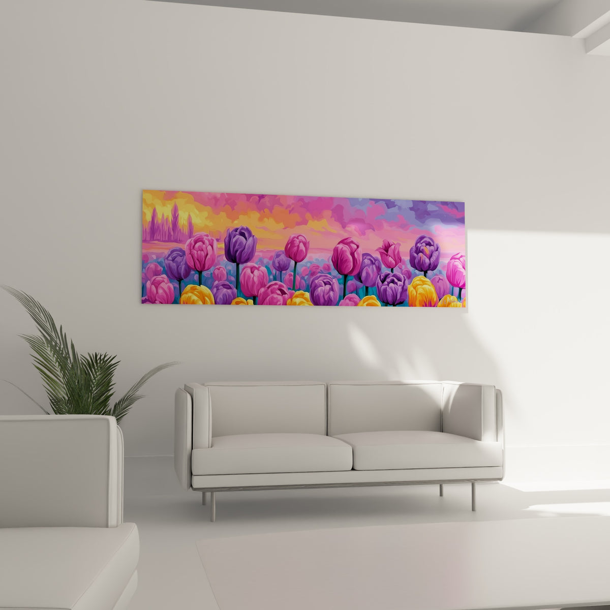Champ de tulipes violettes et orangées accroché au-dessus d'un canapé dans un salon lumineux