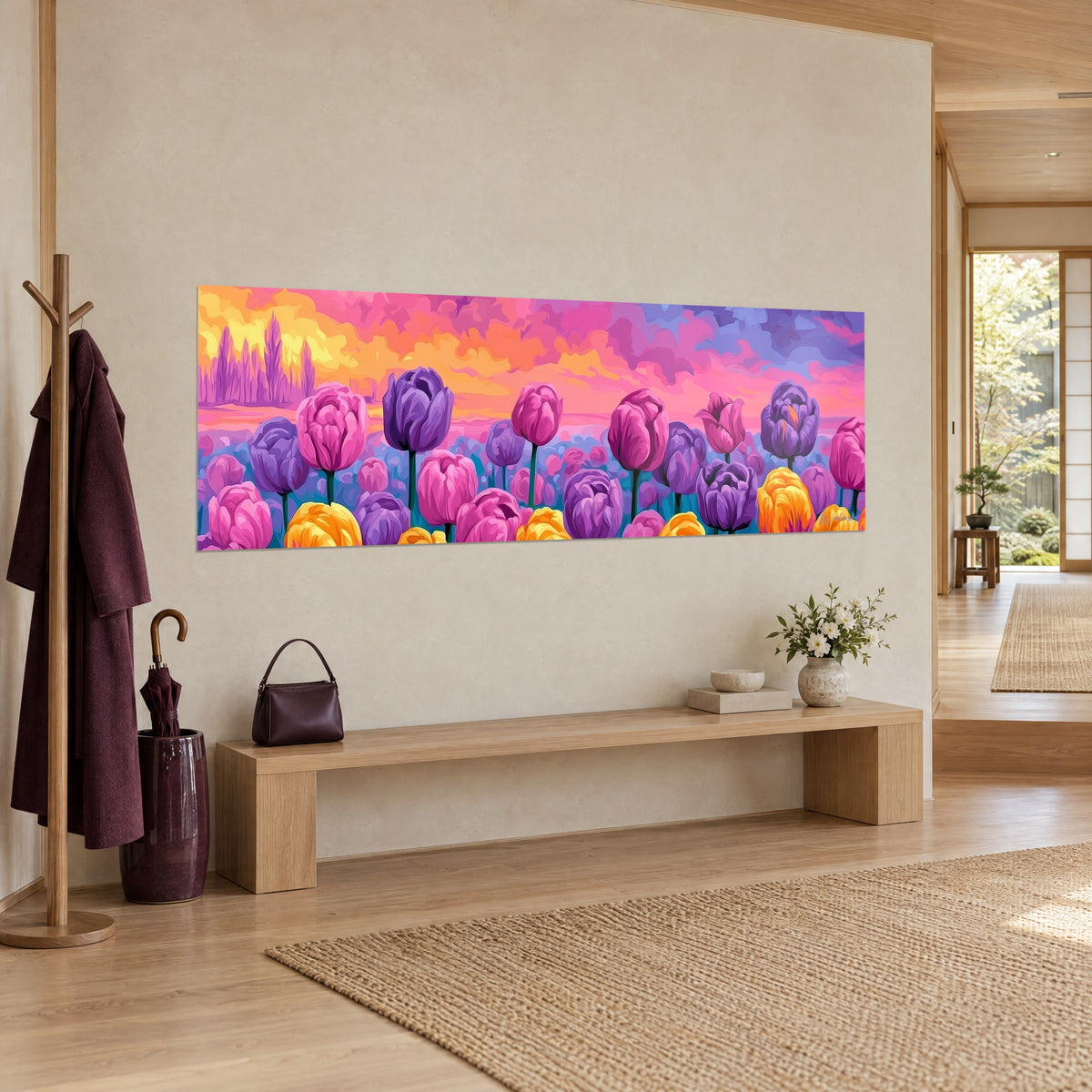 Quadro fiori in fila con petali malva e dorati, nuvole albicocca e lavanda, vista di tre quarti su una parete color crema