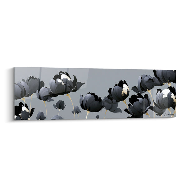 Tableau Tulipes noires et blanches sur fond gris - Tiges dorées alignées - Edition Tulipe