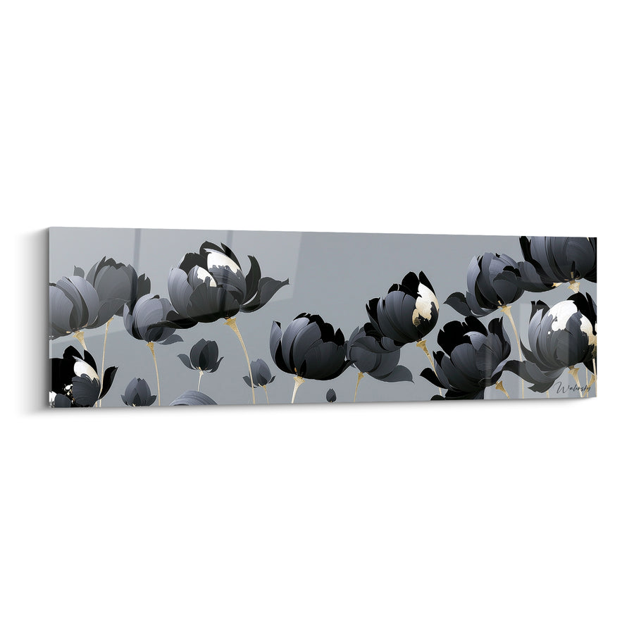 Tableau Tulipes noires et blanches sur fond gris - Tiges dorées alignées - Edition Tulipe
