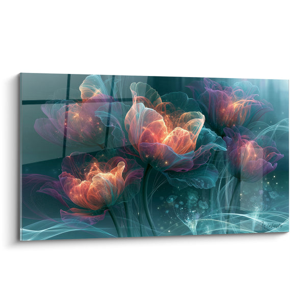 Tableau Tulipes translucides orange et turquoise aux volutes lumineuses - Particules scintillantes en suspension - Edition Tulipe