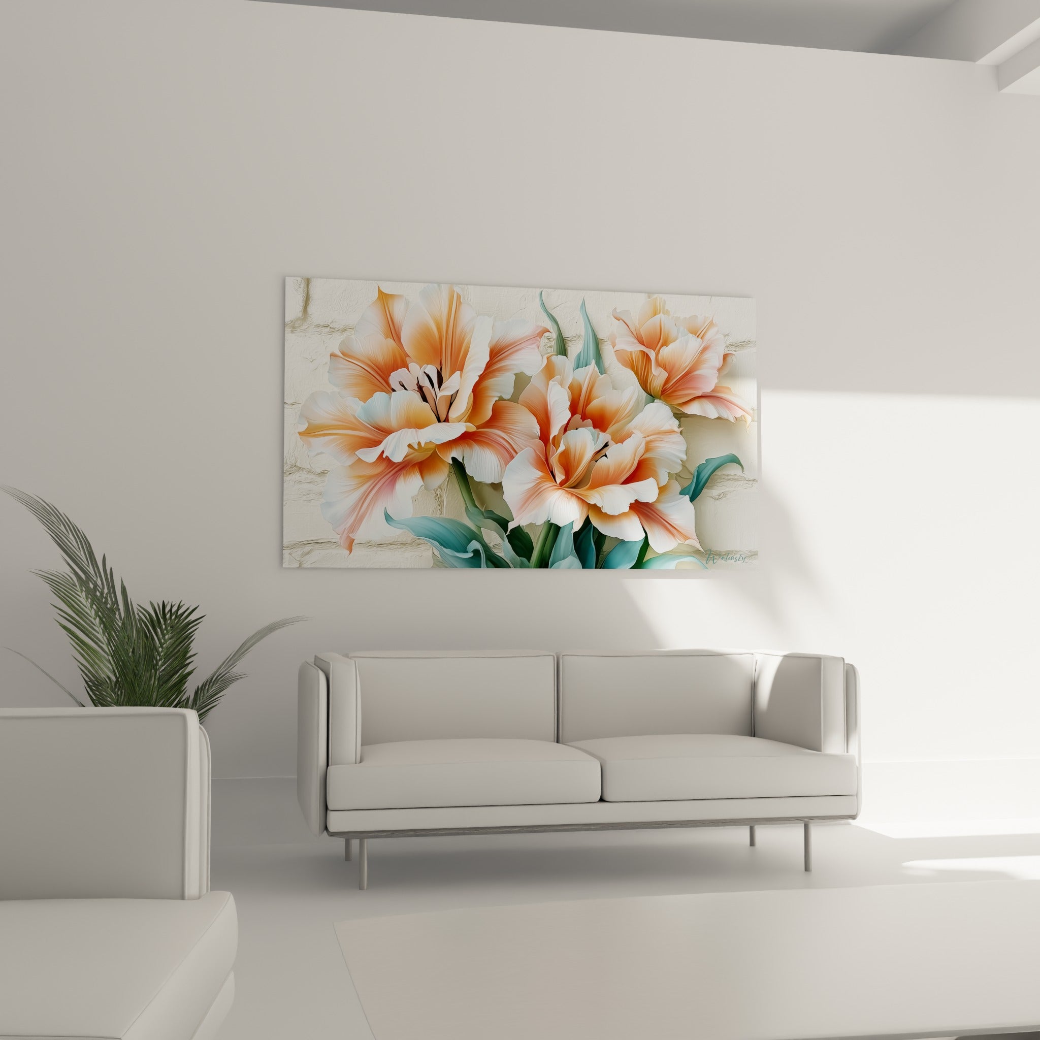 Pétales de tulipe blancs et pêche délicatement veinés, accrochés au-dessus d'un canapé dans un salon lumineux