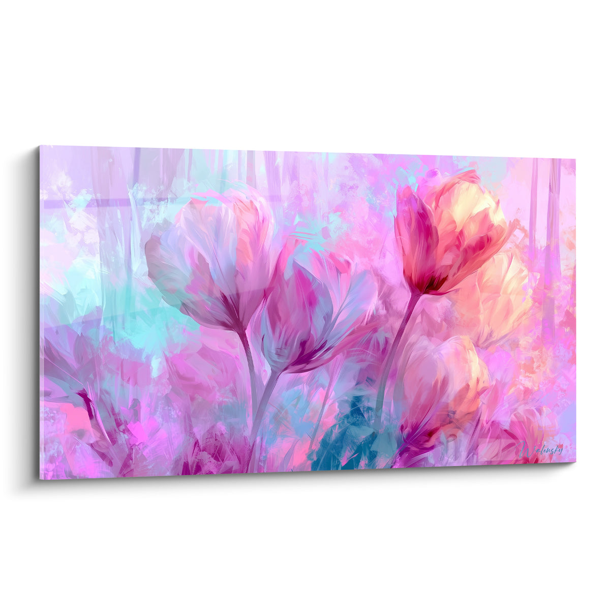 Tulipes roses et turquoise déployées en pleine floraison sur fond flou lumineux et coloré