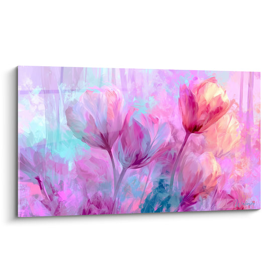 Tulipes roses et turquoise déployées en pleine floraison sur fond flou lumineux et coloré