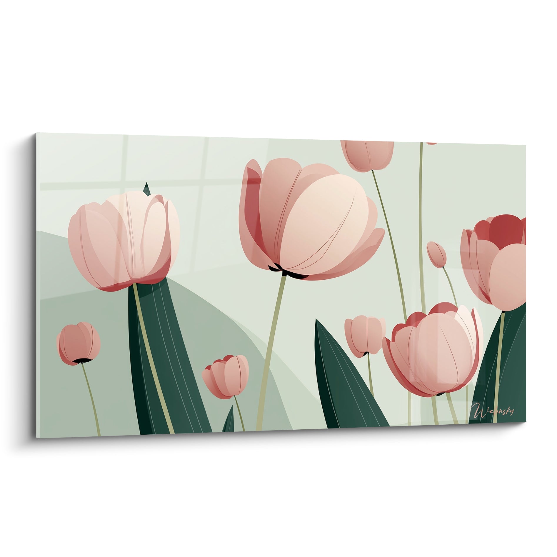 Tulipes roses et corail aux longues feuilles vertes sur fond vert amande géométrique