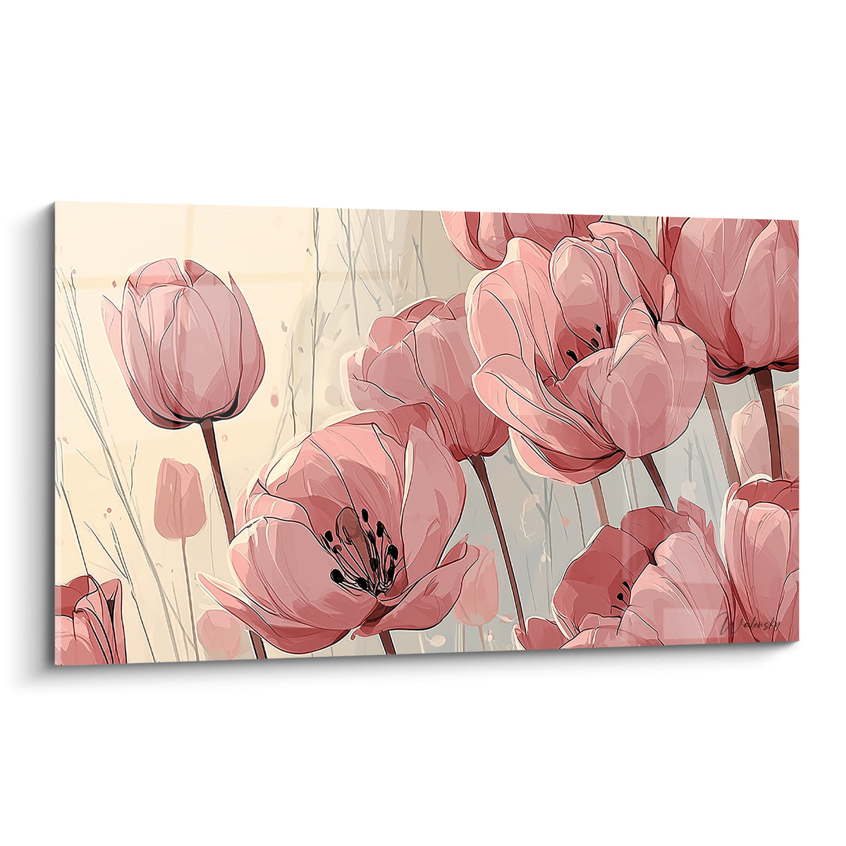 Tulipes roses aux pétales ouverts sur fond ivoire et gris fumé, style illustratif délicat