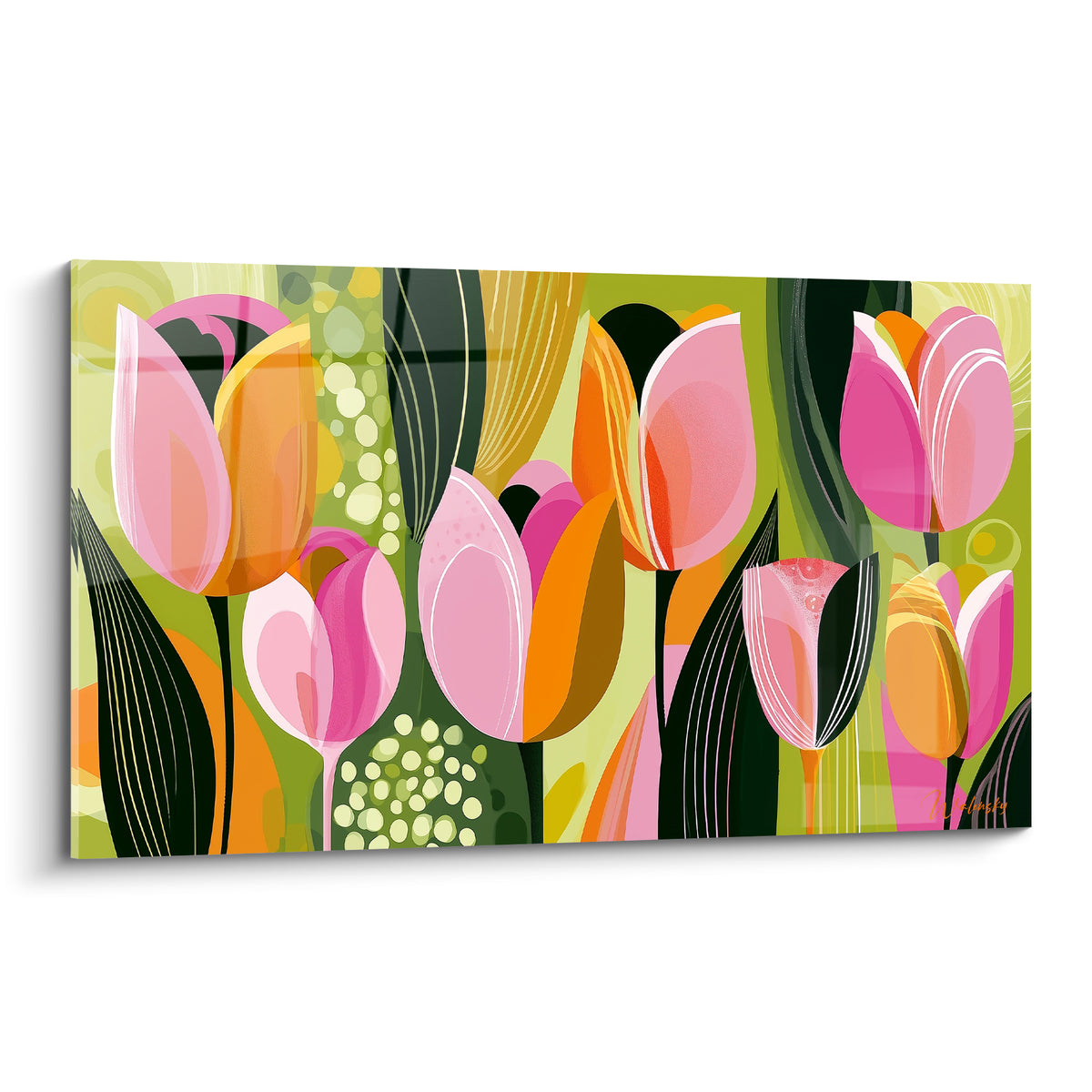 Tulipes roses et vertes stylisées aux pétales orangés, composition graphique moderne pleine de couleur