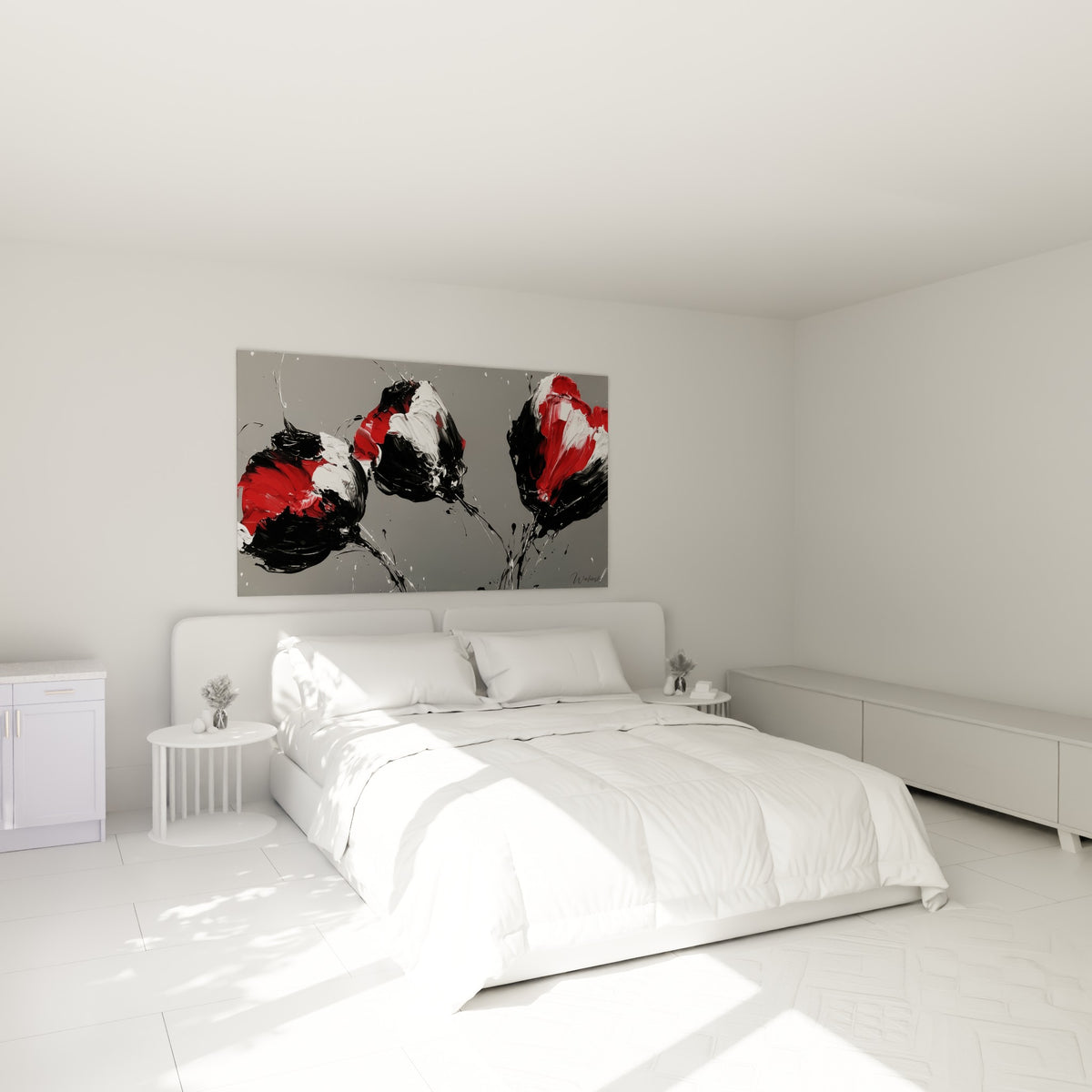 Tulipes rouges, noires et blanches en peinture épaisse au-dessus d'un lit dans une chambre claire