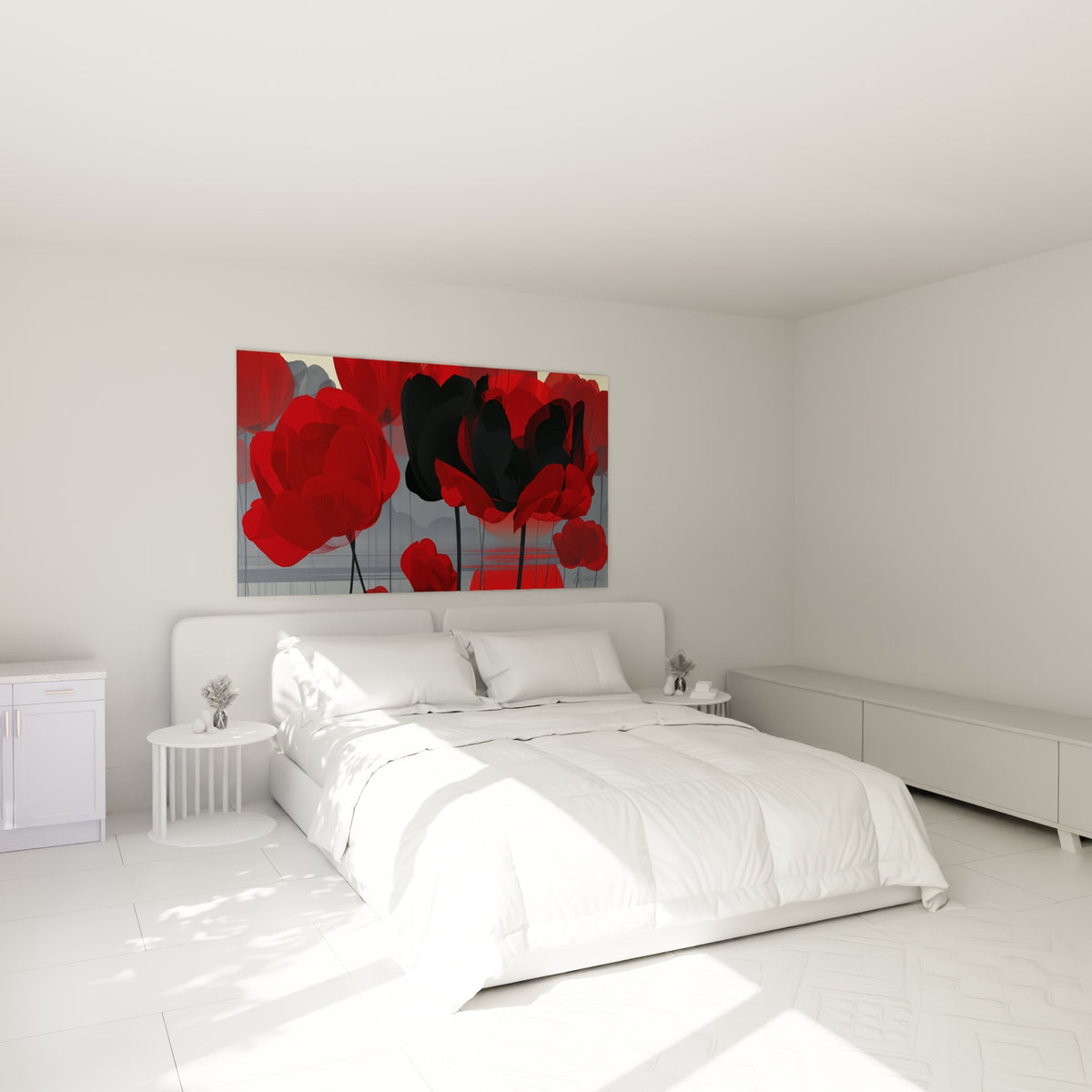 Bouquet de tulipes rouge et noir au-dessus d'un lit dans une chambre claire