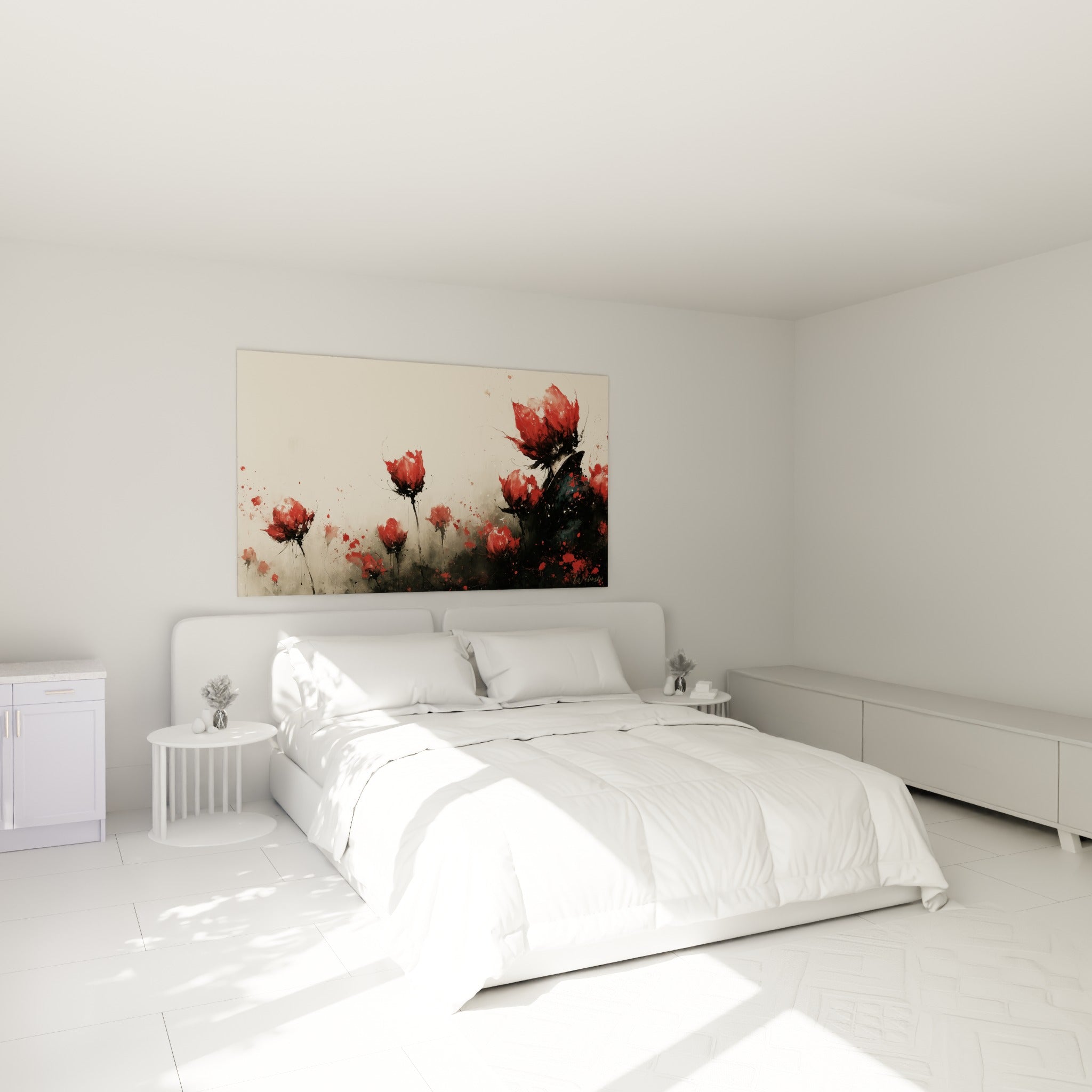 Fleurs de tulipe rouge et noir éclatées en encre, accrochées au-dessus d'un lit dans une chambre claire