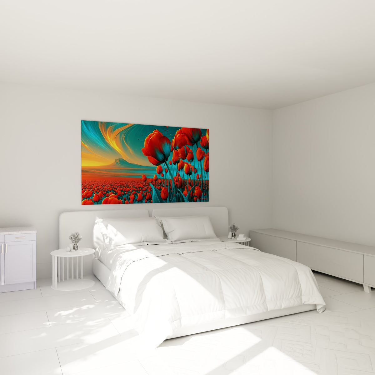 Fleurs rouges éclatantes sur fond bleu profond accrochées au-dessus d'un lit dans une chambre claire