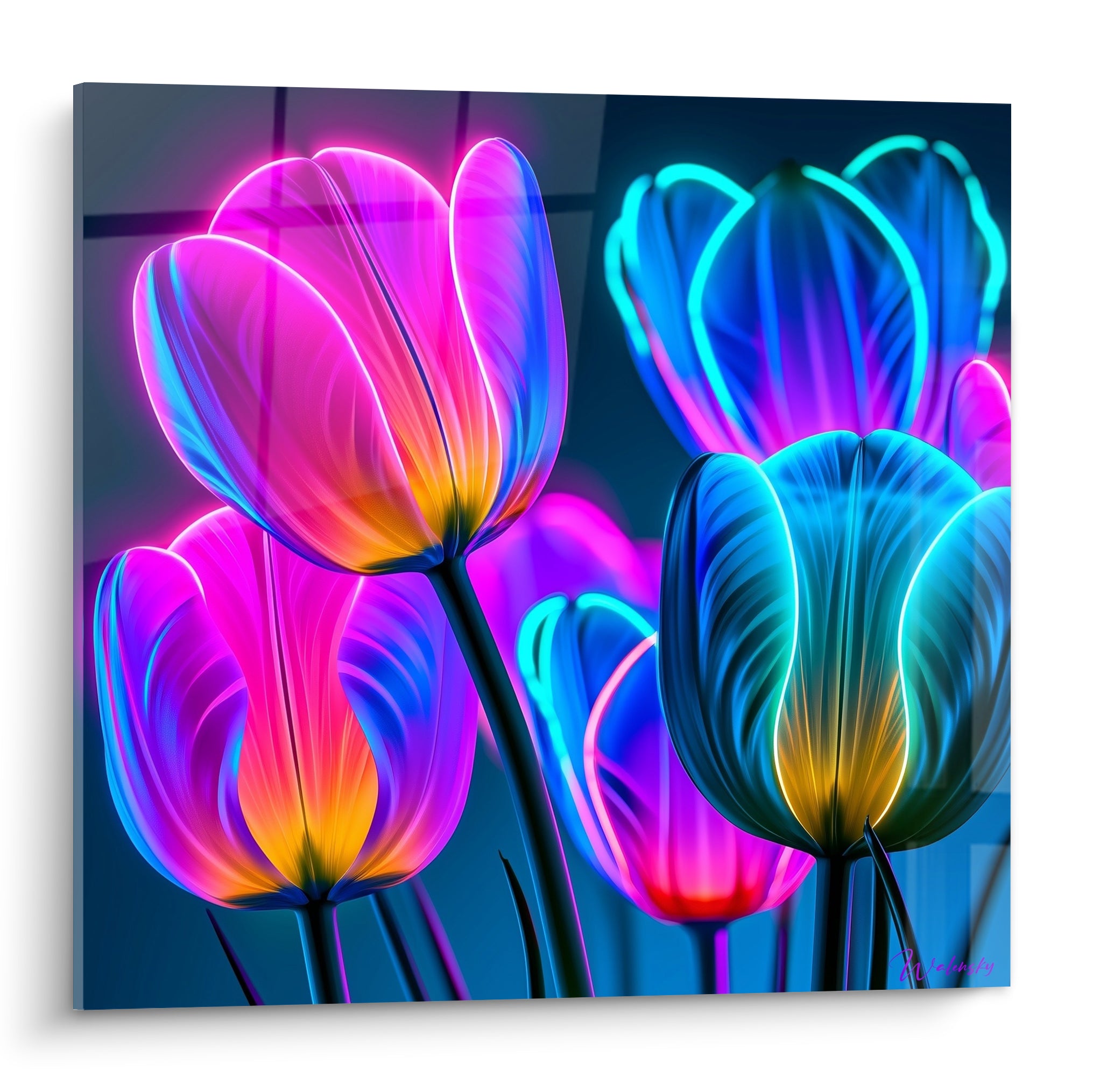 Tulipes fluorescentes roses et bleu turquoise aux nervures lumineuses sur fond bleu nuit