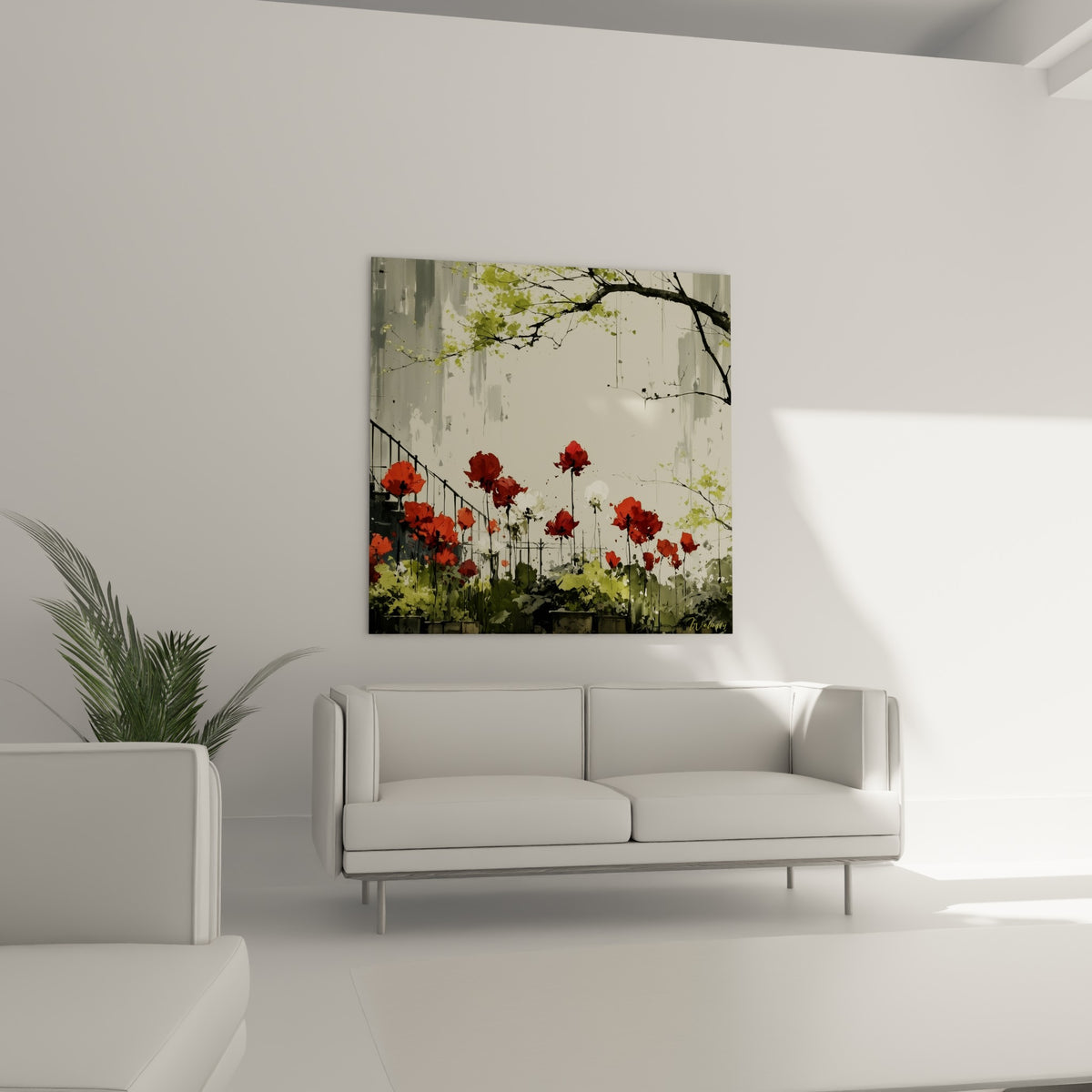 Bouquet de tulipes rouges et blanches contre un mur anthracite, au-dessus d'un canapé dans un salon lumineux