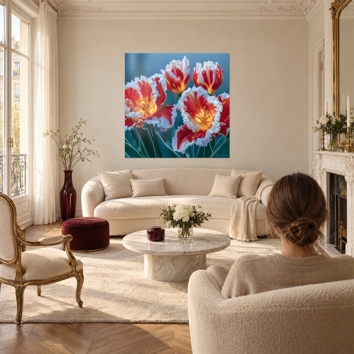 Tableau tulipes perroquet rouges aux pétales frangés blancs et cœur doré, accroché au-dessus d'un canapé dans un salon lumineux