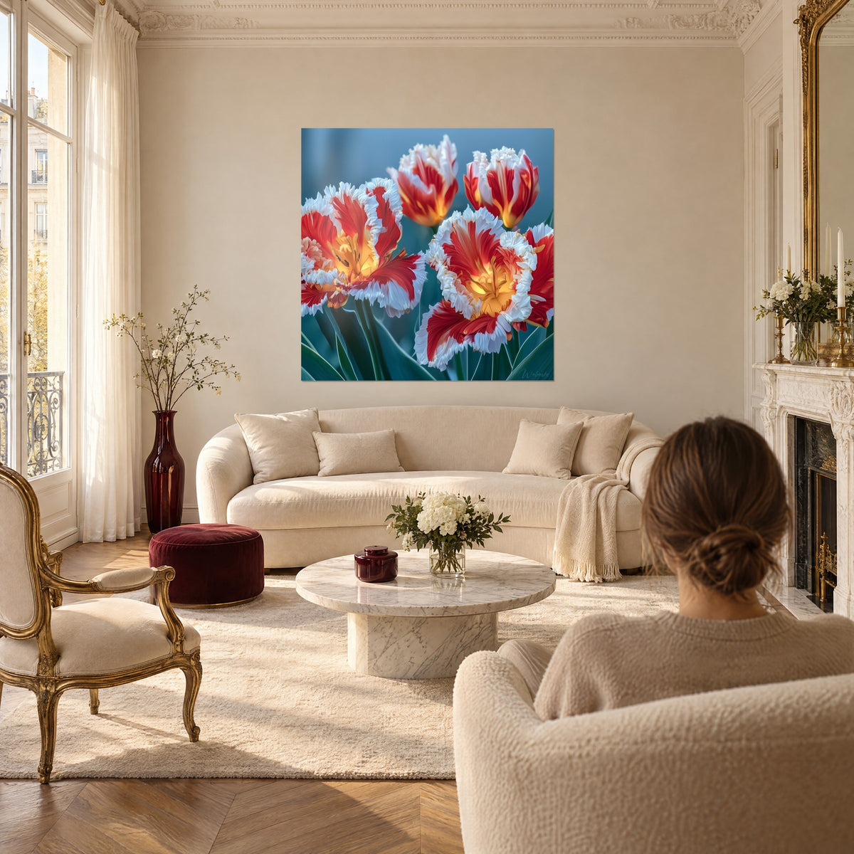 Wall art with red parrot tulips with white fringed petals and a golden heart, hung above a sofa in a bright living room