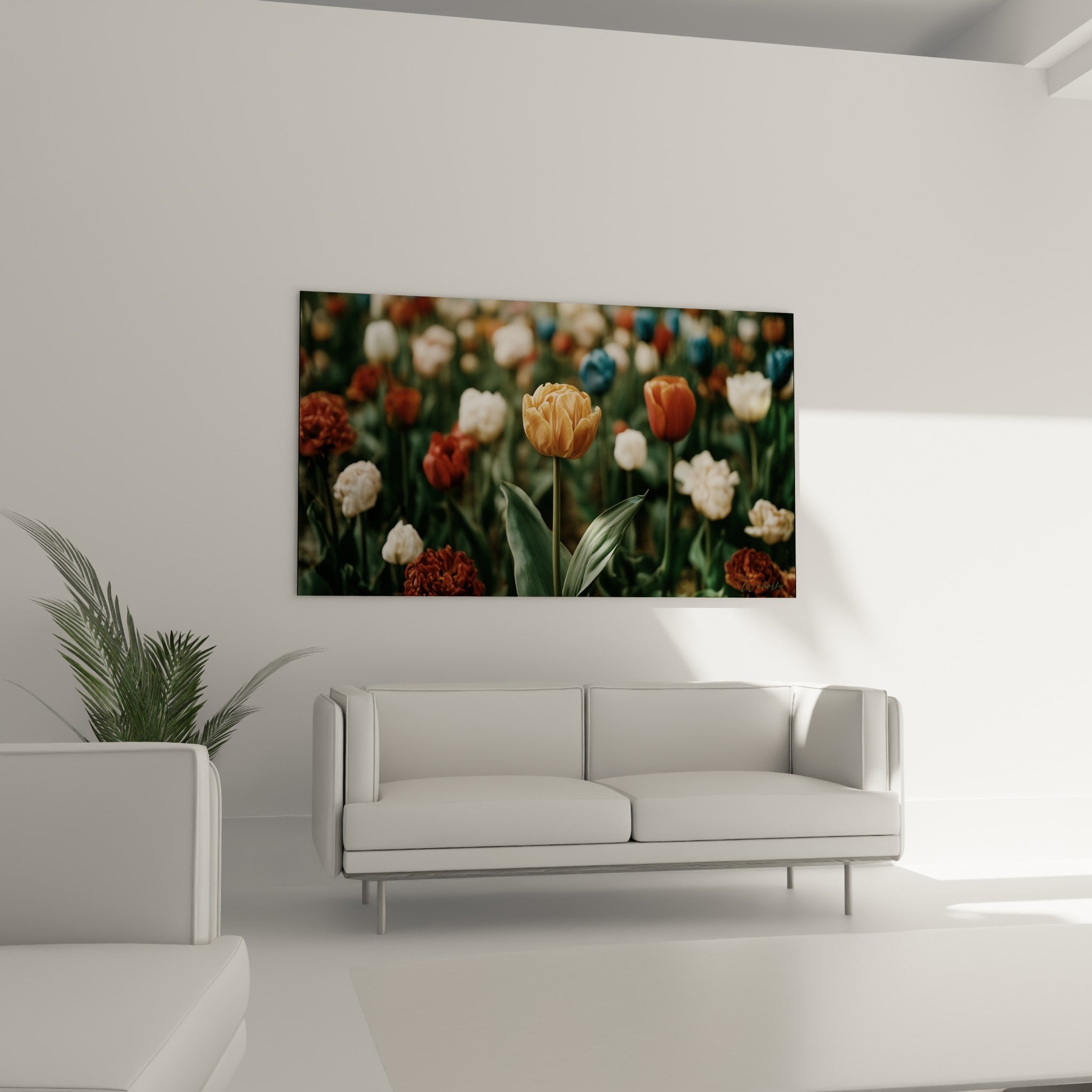 Champ de tulipes terracotta et dorées en arrière-plan flou, disposé au-dessus d'un canapé dans un salon lumineux