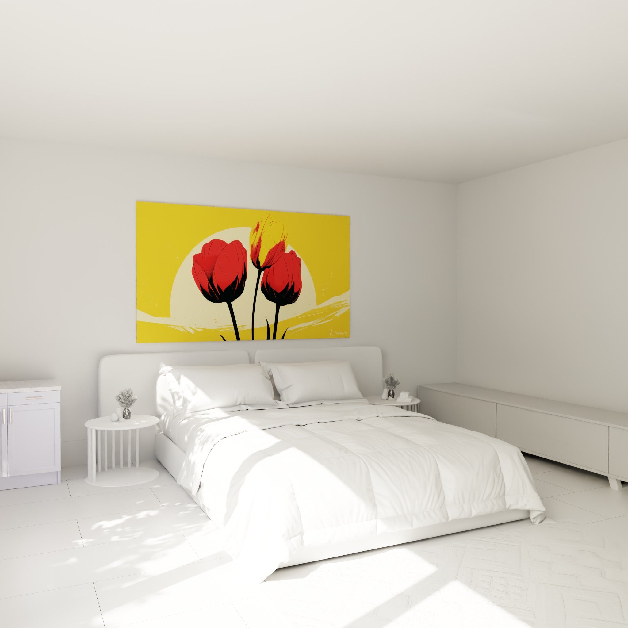 Tulipes rouges et jaunes au trait graphique accrochées au-dessus d'un lit dans une chambre claire