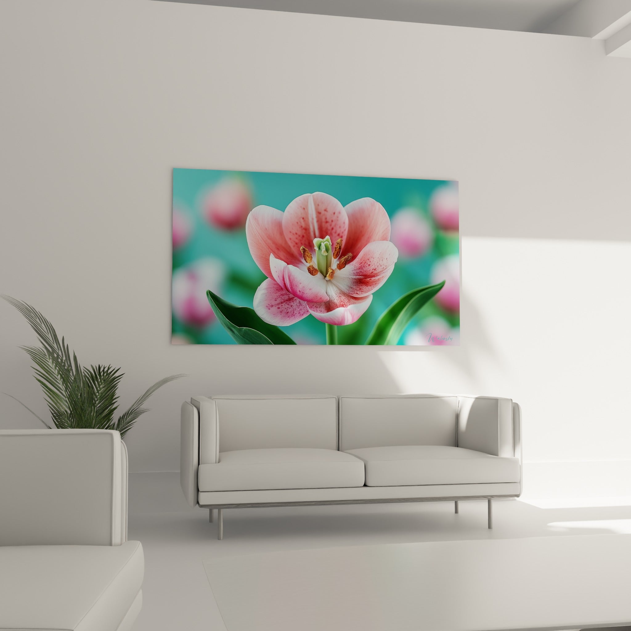 Fleur de tulipe rose à cœur doré et feuilles vertes suspendue au-dessus d'un canapé dans un salon lumineux