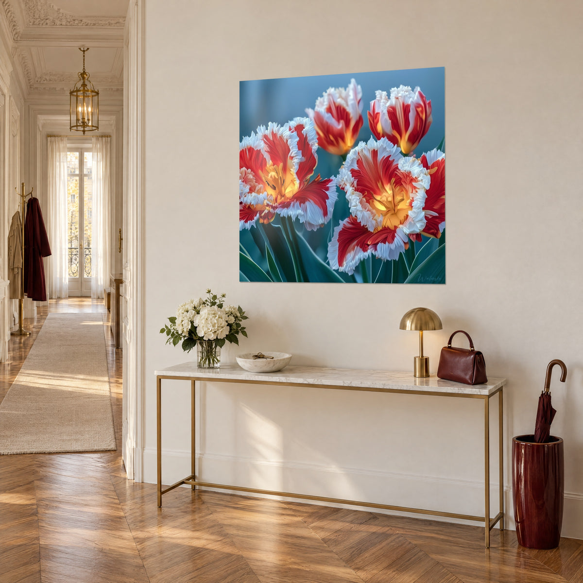 Wall art with a bouquet of vivid flowers with ivory fringes on a blue-grey background, seen three-quarter view above a gilded console