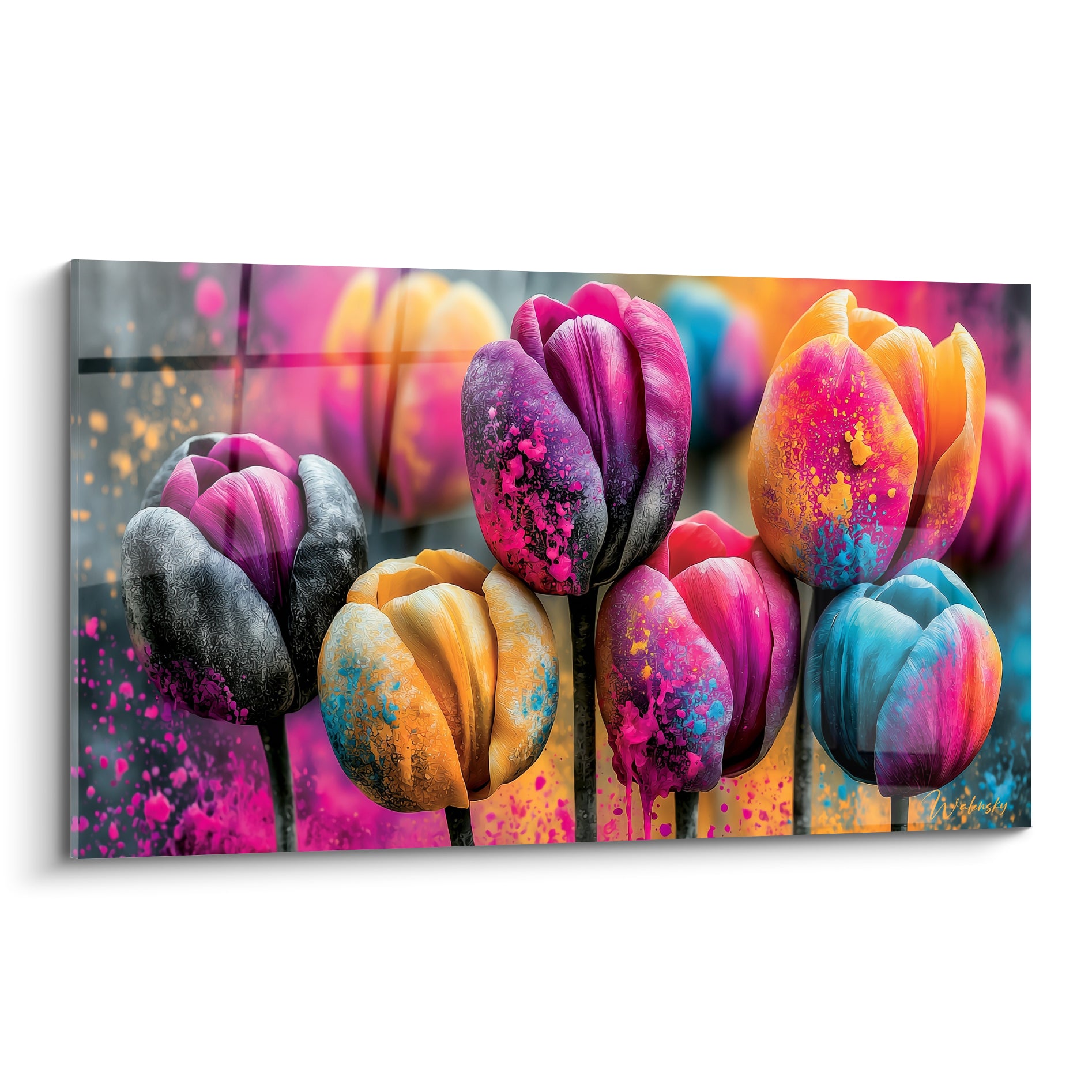 Tulipes fuchsia, anthracite et ocre éclaboussées de peinture, pétales détaillés en plein cadre