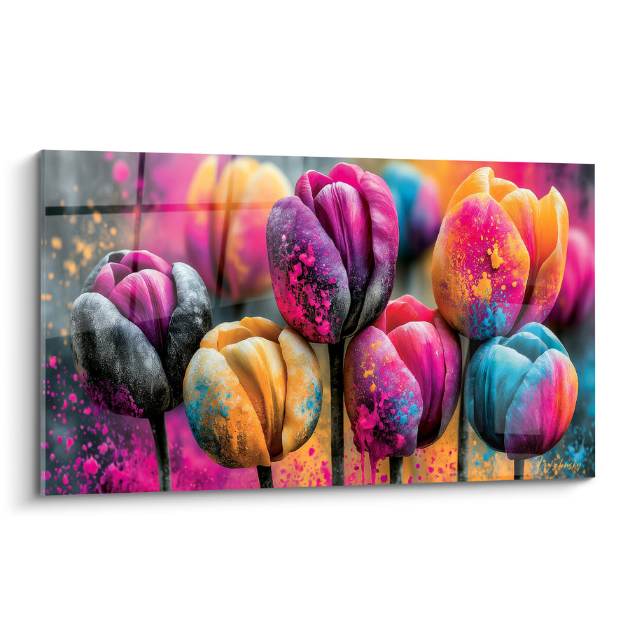Tableau Tulipes anthracite et fuchsia éclaboussées de peinture - Éclaboussures printanières - Edition Tulipe