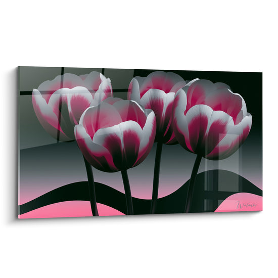 Tulipes fuchsia et blanches se dressent sur fond anthracite et rose dans un style graphique intense