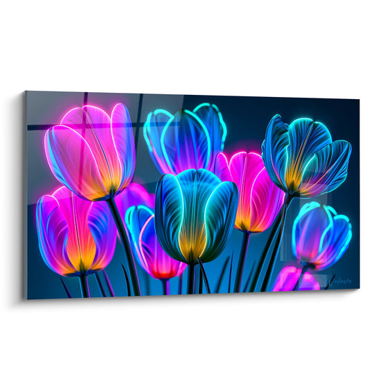 Tulipes fuchsia et bleu électrique aux nervures dorées lumineuses sur fond bleu nuit