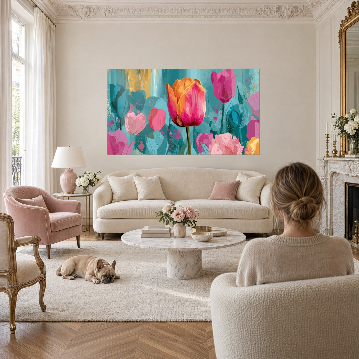 Tableau tulipe orange et rose fuchsia sur fond turquoise, éclaboussures dorées, personne de dos, au-dessus d'un canapé dans un salon lumineux