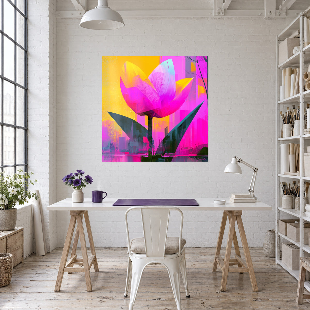 Tableau pétales rose bonbon et turquoise pâle sur fond jaune, fixé au-dessus d'un bureau blanc avec lampe, étagères d'un loft