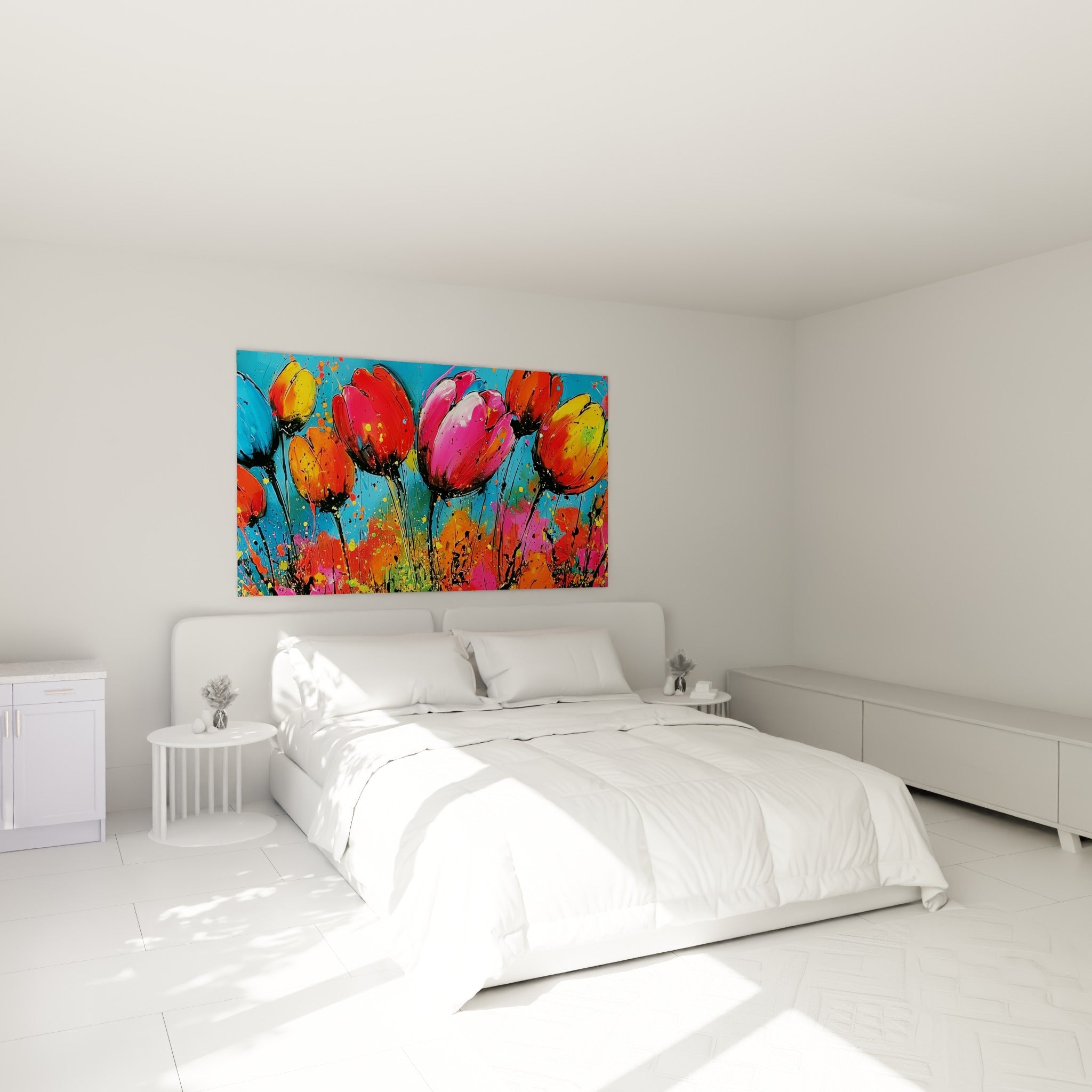 Bouquet de tulipes fuchsia et bleu ciel accroché au-dessus d'un lit dans une chambre claire