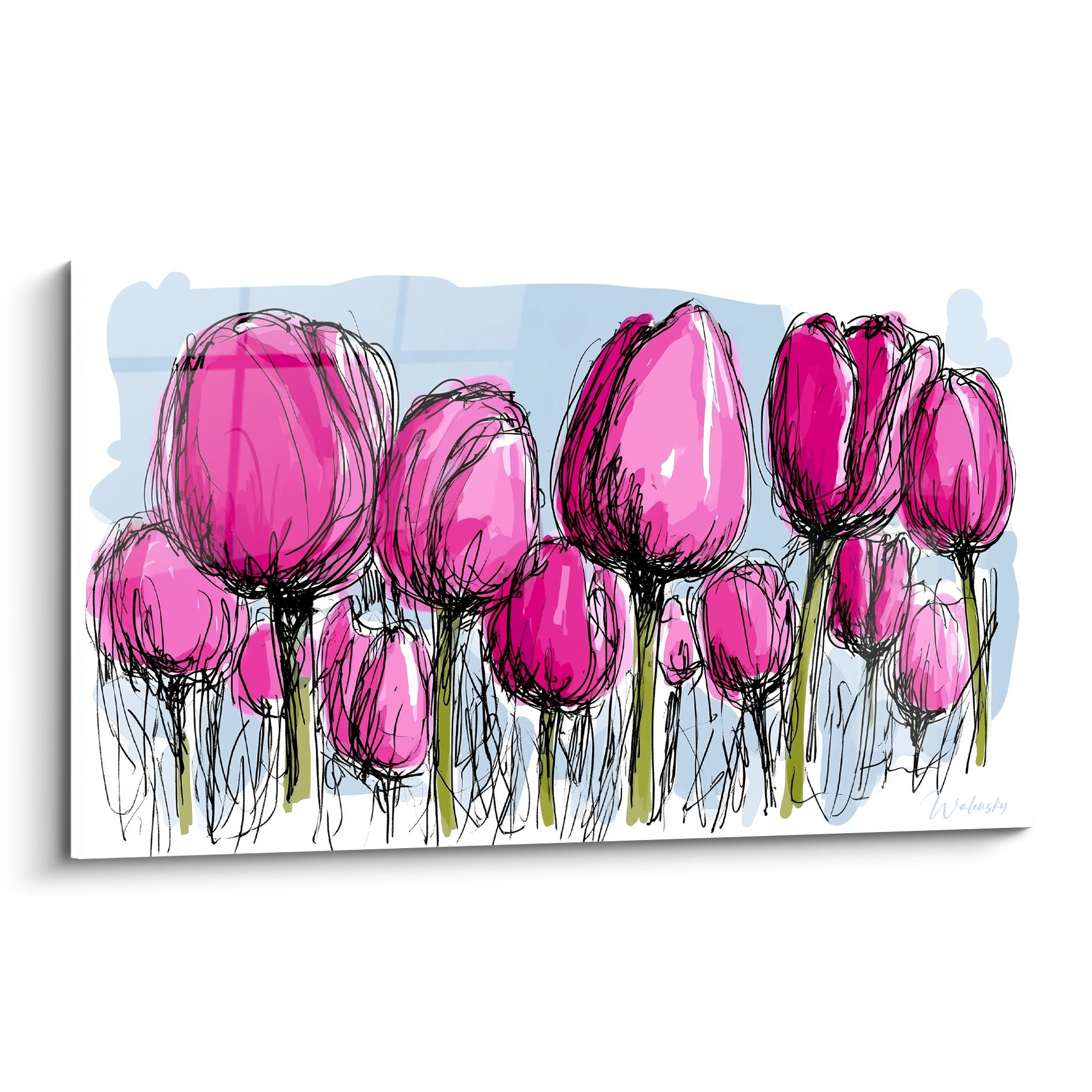 Tulipes fuchsia et roses aux traits d'encre noire sur fond bleu pastel esquissé