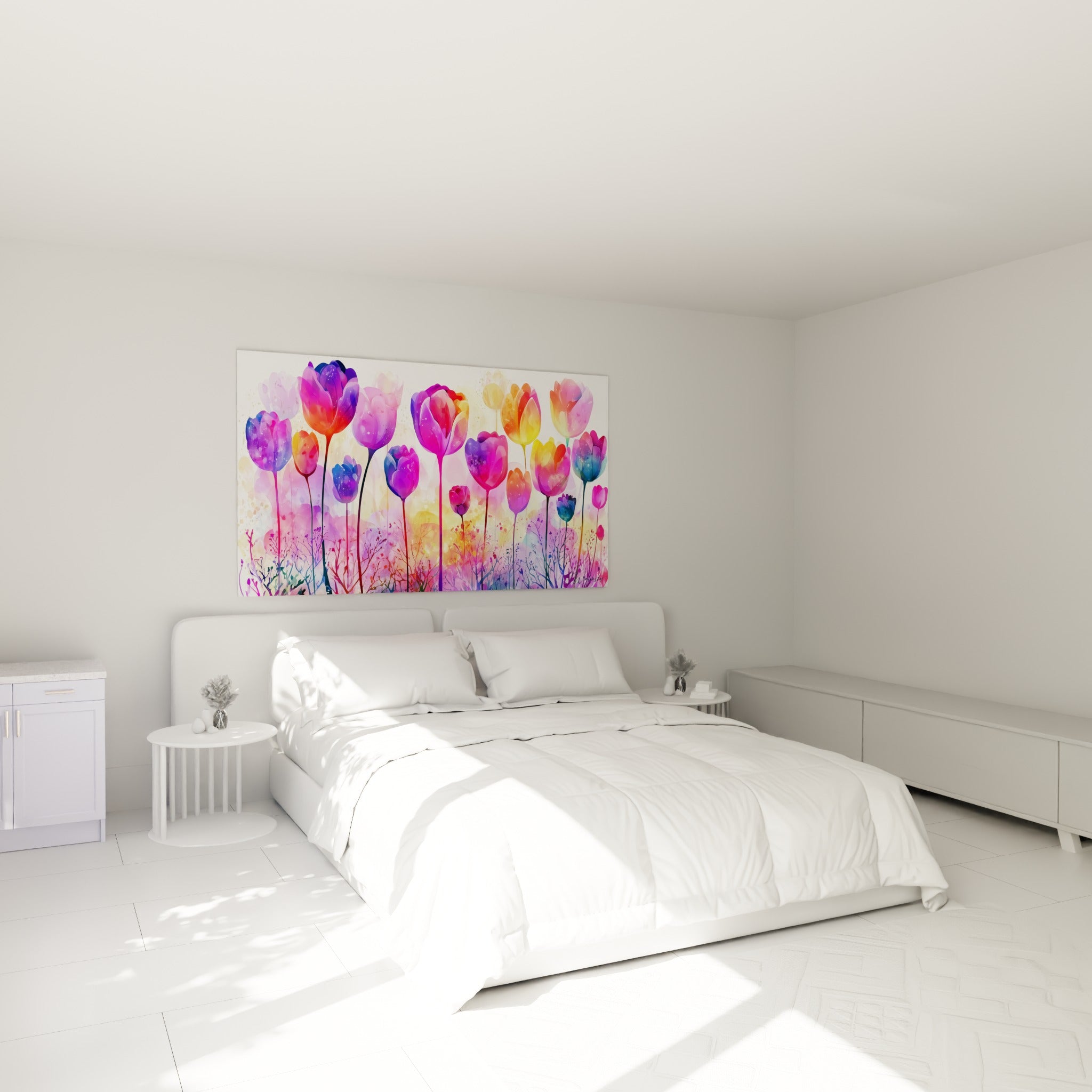 Bouquet de tulipes fuchsia et indigo accroché au-dessus d'un lit dans une chambre claire