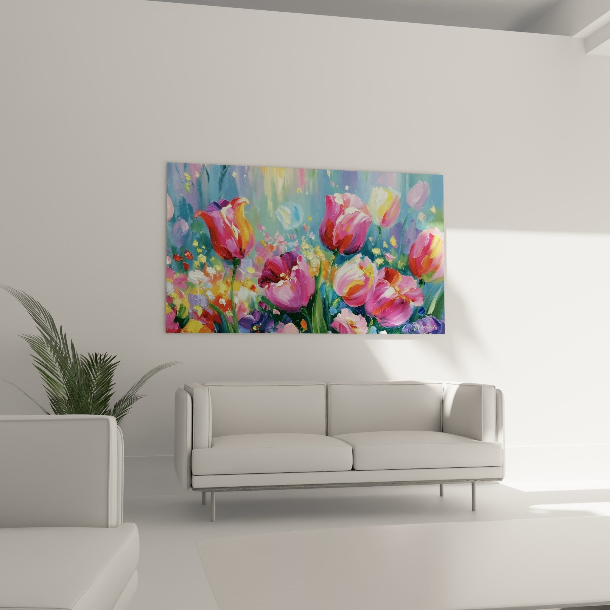 Fleurs de tulipes fuchsia et jaunes sur fond bleu pastel, installées au-dessus d'un canapé dans un salon lumineux