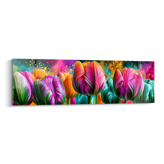 Tulipes fuchsia et sarcelle aux pétales veinés devant un fond éclaboussé orange et turquoise