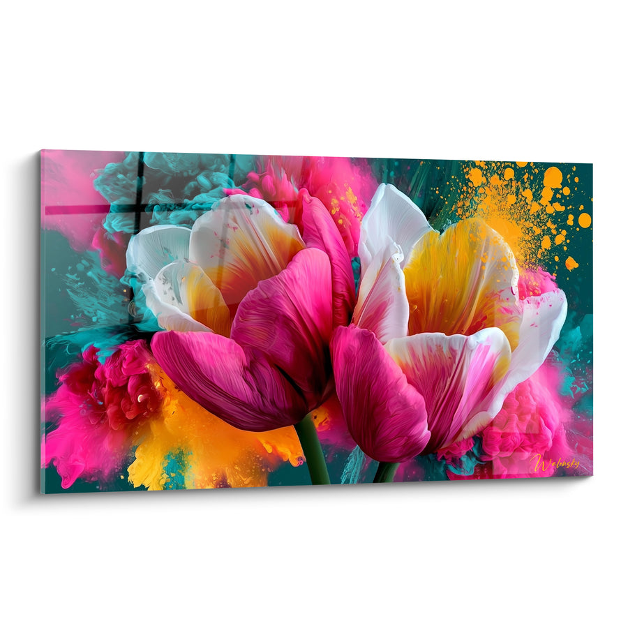 Tableau Tulipes fuchsia et blanches aux nuages d'encre turquoise - Explosion de pigments dorés - Edition Tulipe