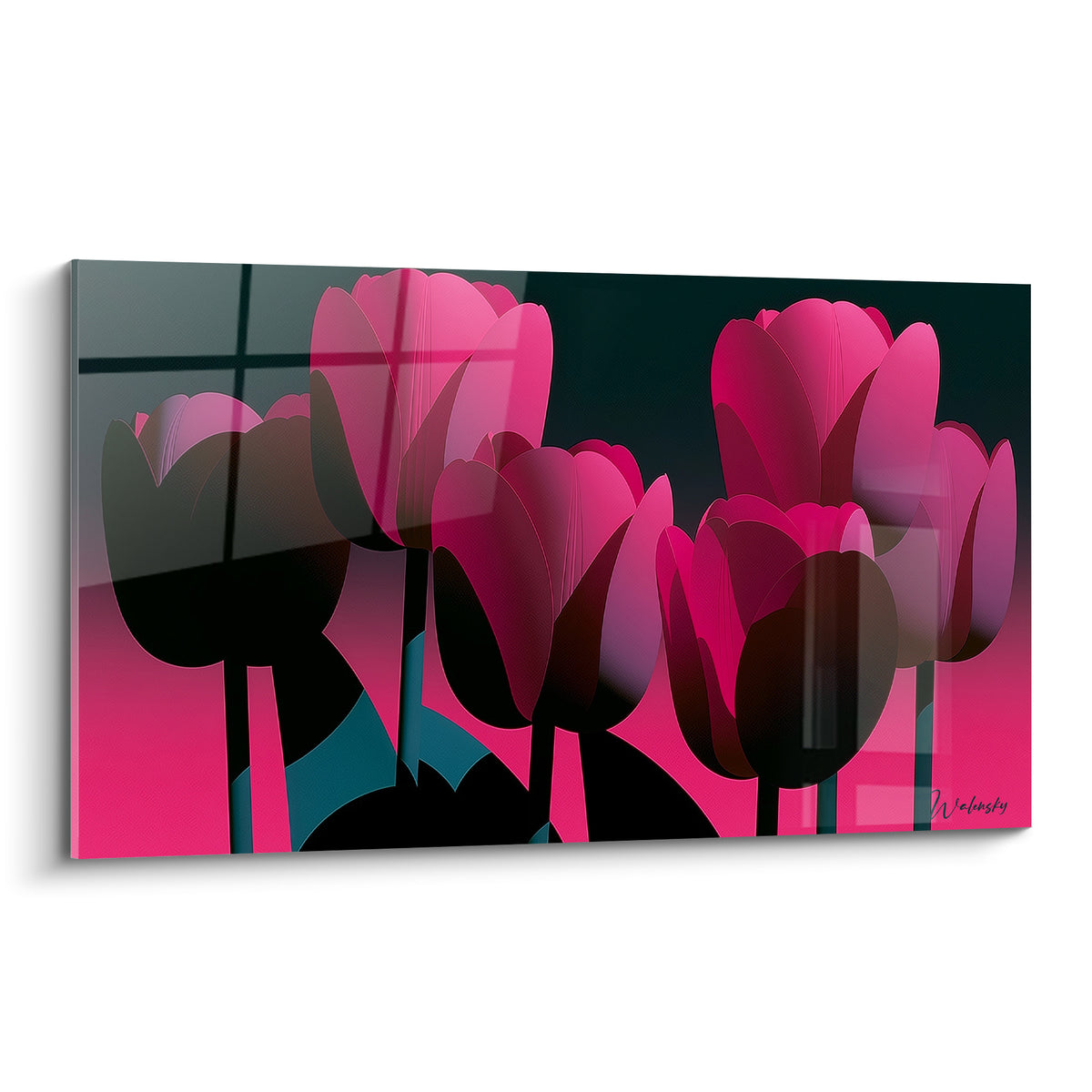 Tulipes fuchsia aux silhouettes noires se dressant sur un fond anthracite en contre-jour graphique
