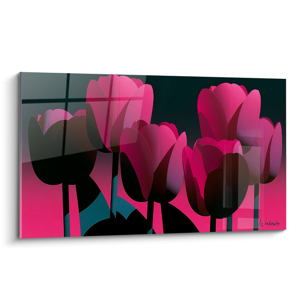 Tableau Tulipes fuchsia et noires aux silhouettes superposées - Reflets de fenêtre - Edition Tulipe