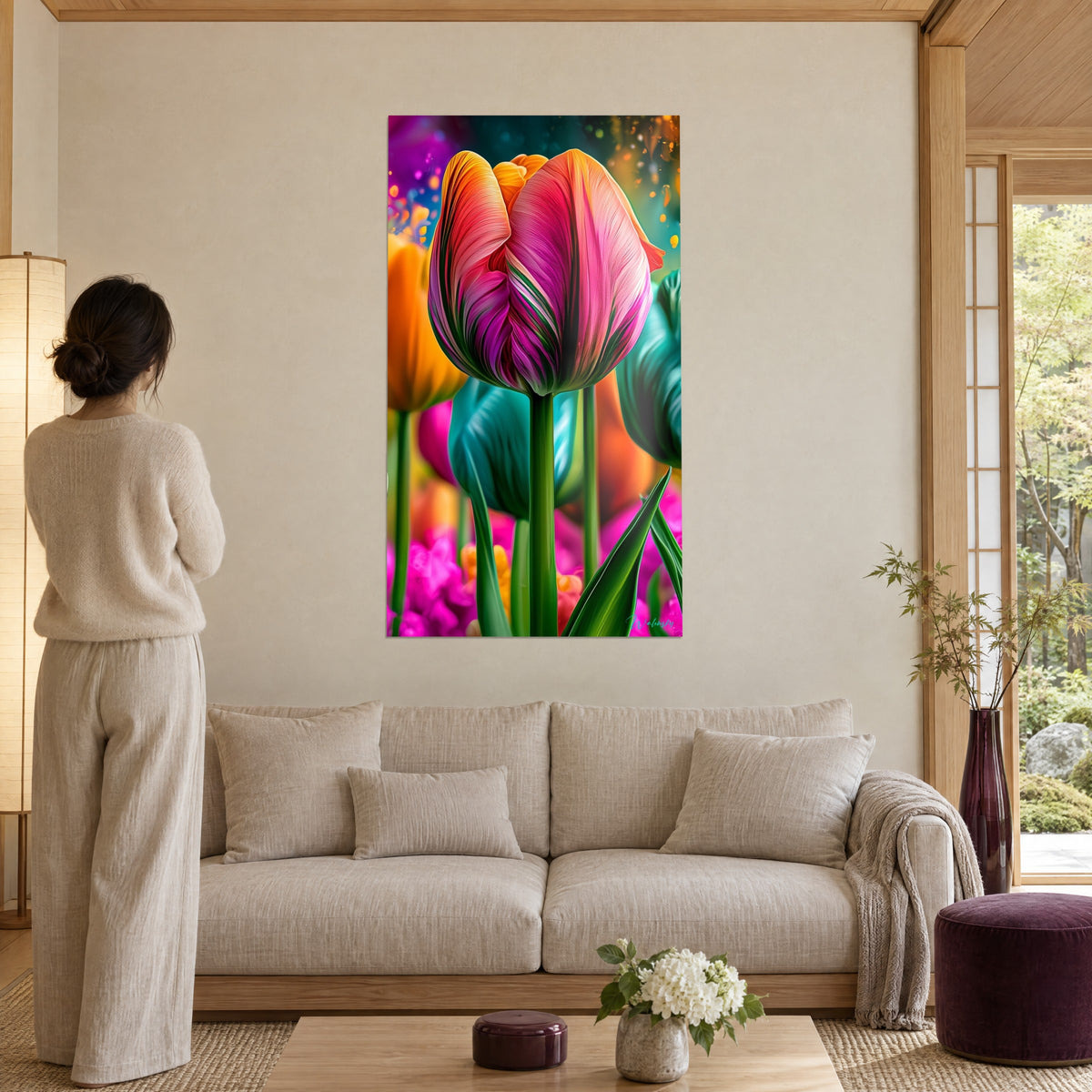 Wall art pink and orange tulip with green-striped petals, turquoise background, above a sofa in a bright living room