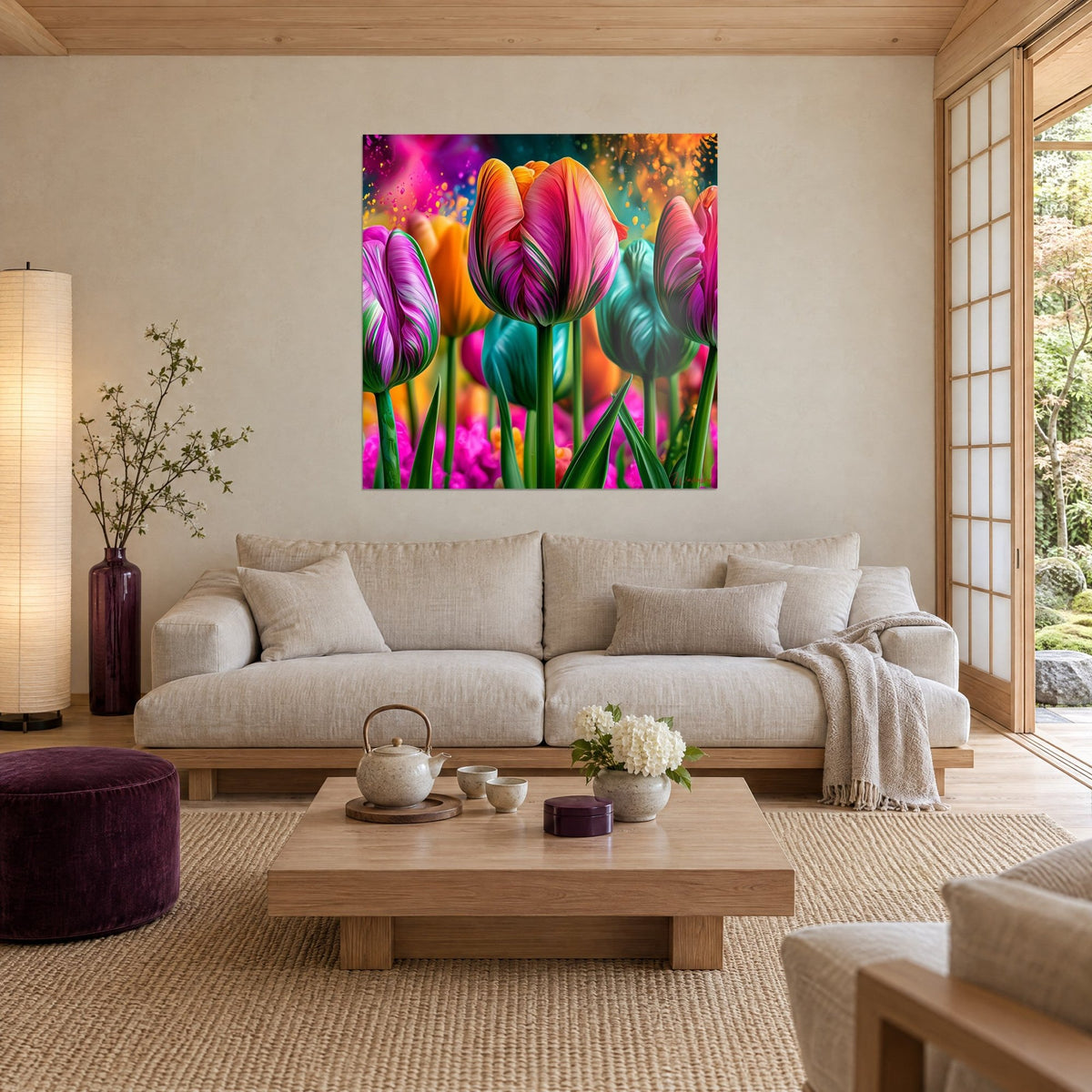Tableau tulipes striées rose et turquoise, éclaboussures dorées sur fond magenta, au-dessus d'un canapé dans un salon lumineux