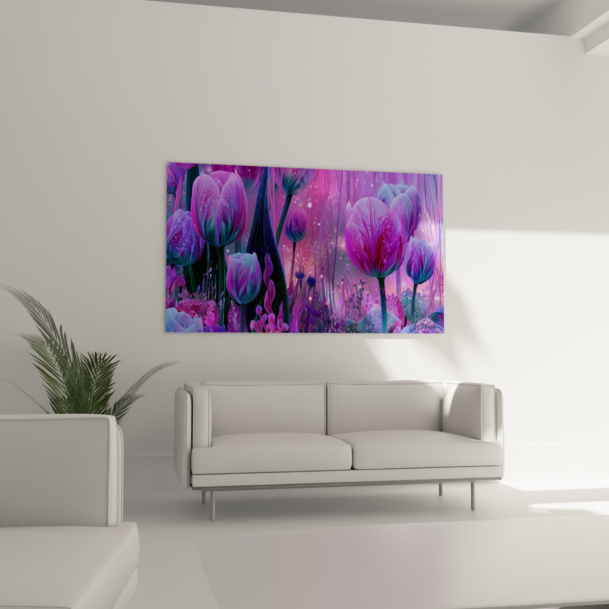 Pétales fuchsia et turquoise perlés de gouttelettes, au-dessus d'un canapé dans un salon lumineux