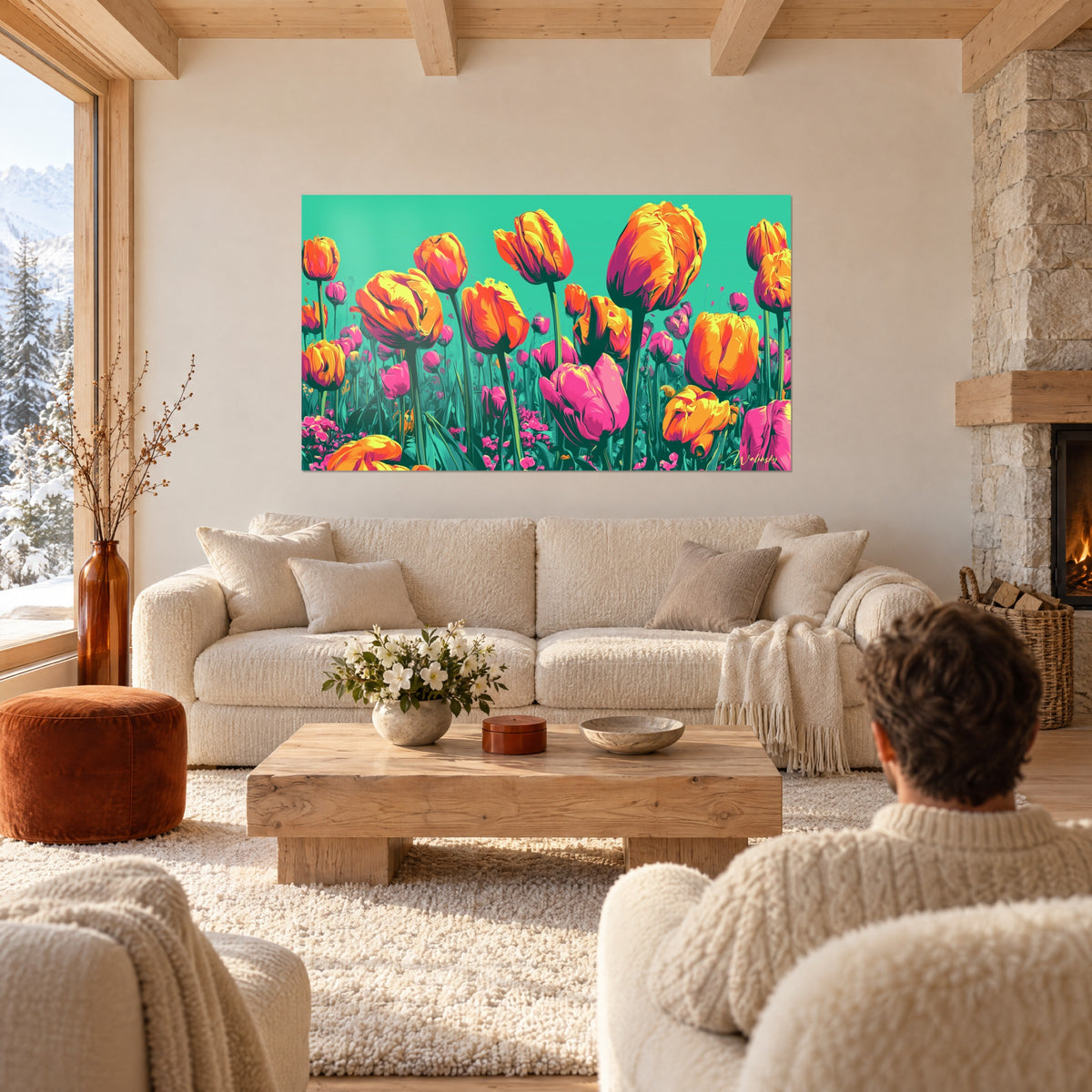 Tableau champ de tulipes orange et roses sur fond turquoise, pétales froissés, au-dessus d'un canapé dans un salon lumineux