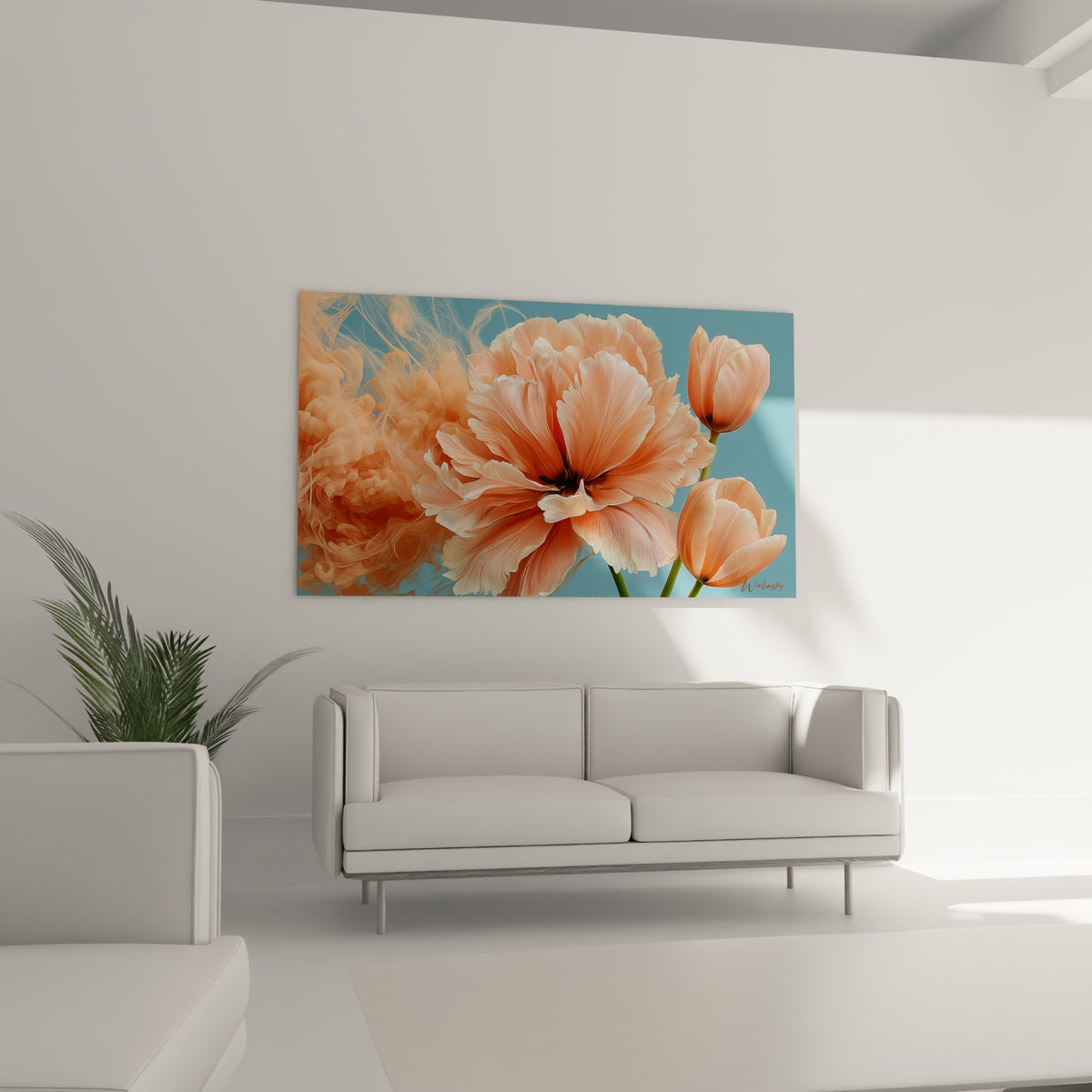 Fleur corail aux nuances pêche et blanches accrochée au-dessus d'un canapé dans un salon lumineux